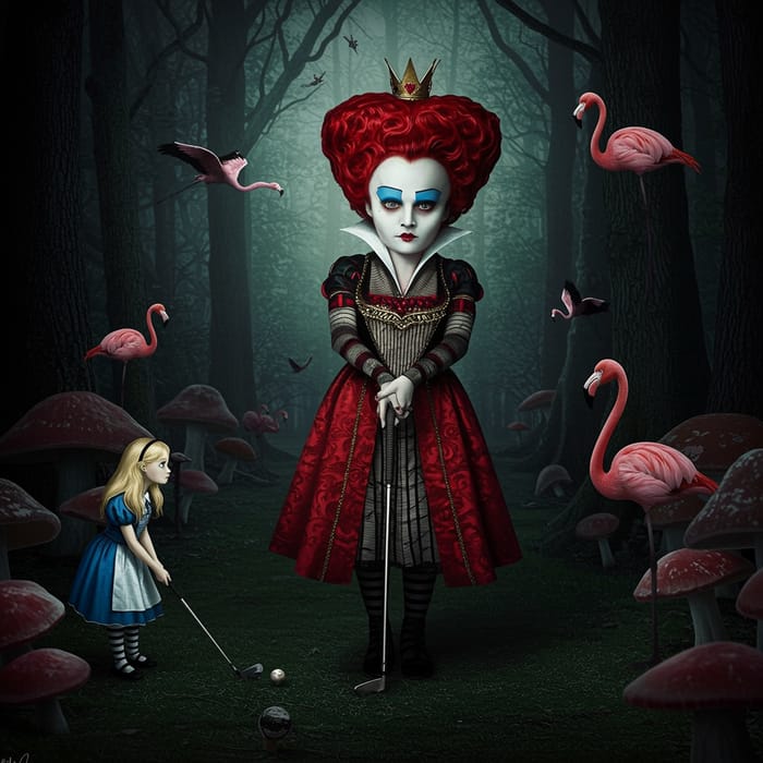 Mad Red Queen Plays Golf with Alice – Tim Burton Style Mad Red Queen Plays Golf with Alice – Tim Burton Style