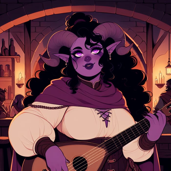 Enchanting Tiefling Rogue Playing Lute in Atmospheric Tavern