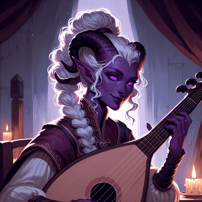 Cunning Tiefling Rogue Strumming Lute in Mystical Tavern