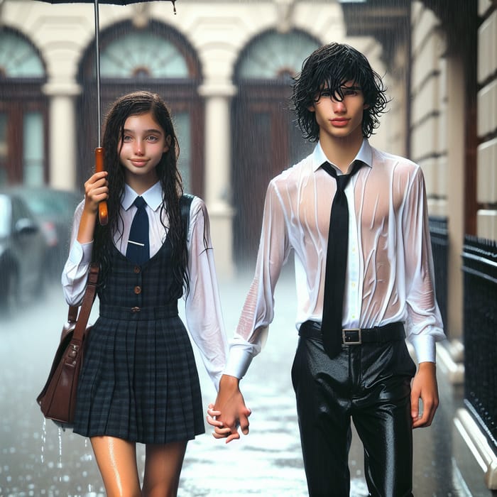 Stunning Scene of Rainy Walk: School Kids in Uniform