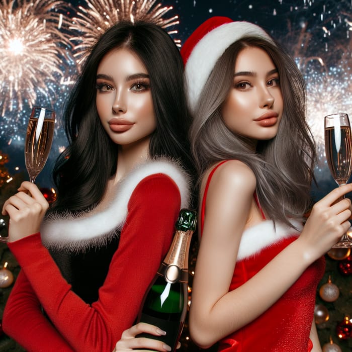 Two Women in Festive New Year Attire, One with Champagne, Other with Wine Glasses