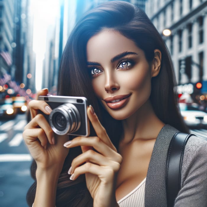 Hispanic Woman in Modern Chic Outfit Documenting Urban Vibrancy