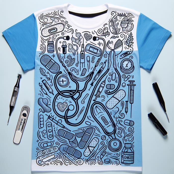 White and Blue Color T-Shirt with Medical Tools Doodle Design