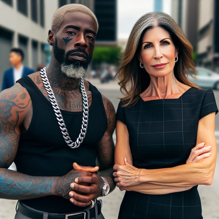 Black Gang Member and Mature Caucasian Woman in Urban Setting