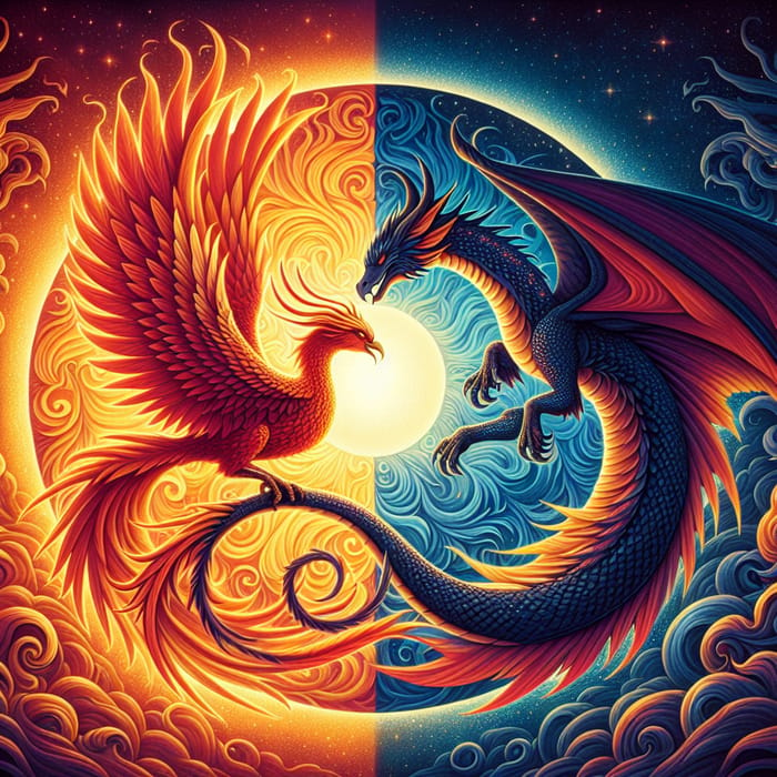 Phoenix and Dragon Embracing - Mythical Harmony Symbol