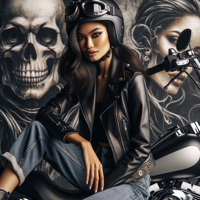 Mixed Heritage Woman on Harley Davidson Motorcycle | Edgy Skull Motifs