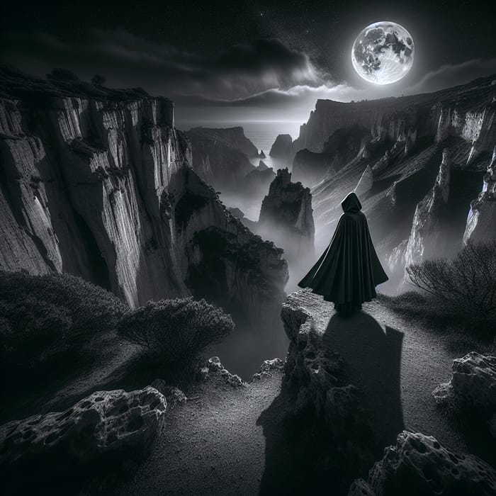 Mysterious Cloaked Figure at Moonlit Cliff | Ethereal Fantasy Shot