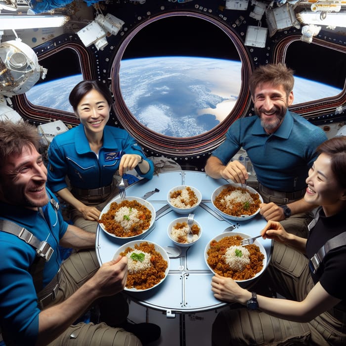 Astronauts Dining on Uzbek Plov in Space Station with Earth View