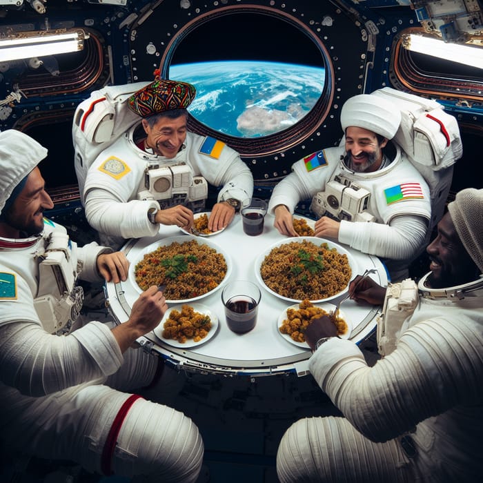 Astronauts Enjoying Uzbek Plov in Space Station Overlooking Earth