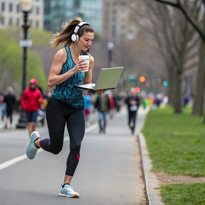 Multitasking Woman Jogging in City Park