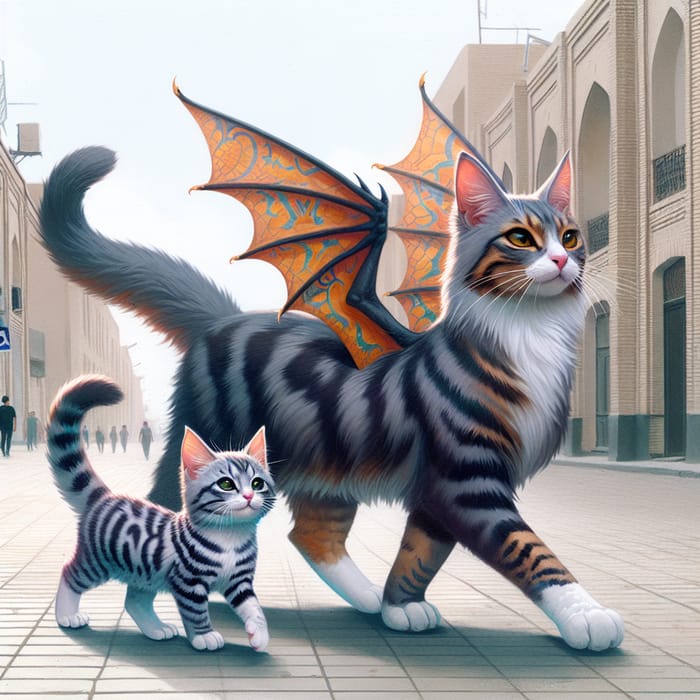 Slender Three-Colored Cat with Dragon Wings in Tashkent Streets