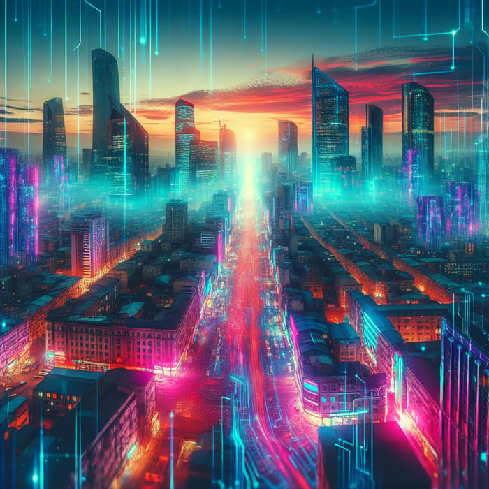 Futuristic Cyberpunk Cityscape of Tashkent | Neon Lights at Dusk