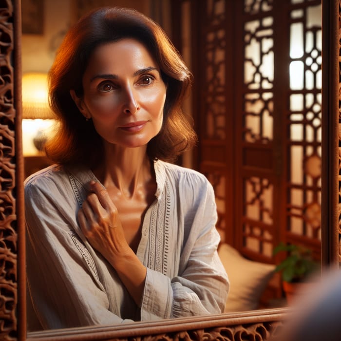 44-Year-Old Middle-Eastern Woman Admiring Reflection in Wooden Mirror