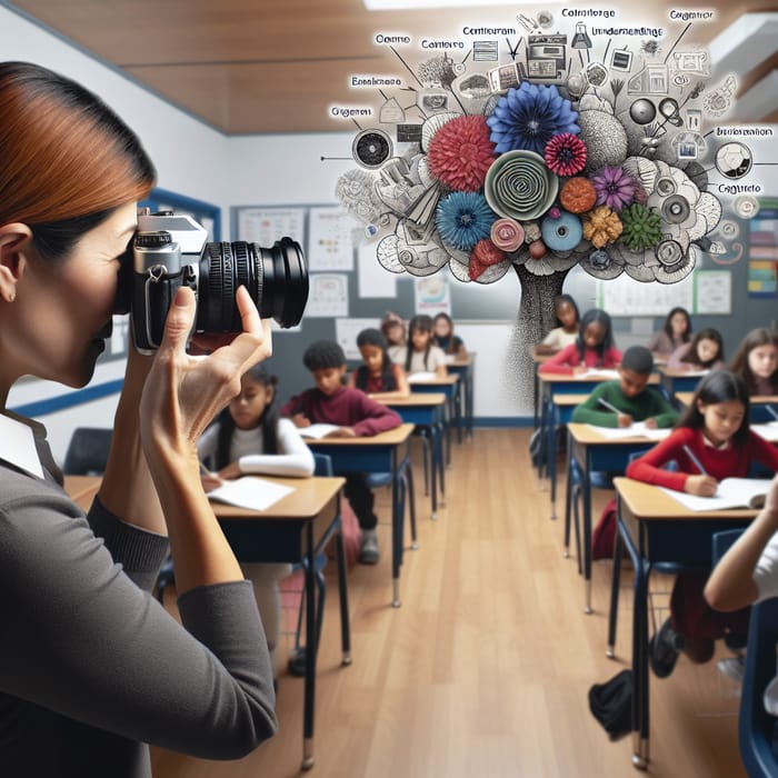 English Teacher Taking Photo with Blooms Taxonomy in Multicultural Classroom