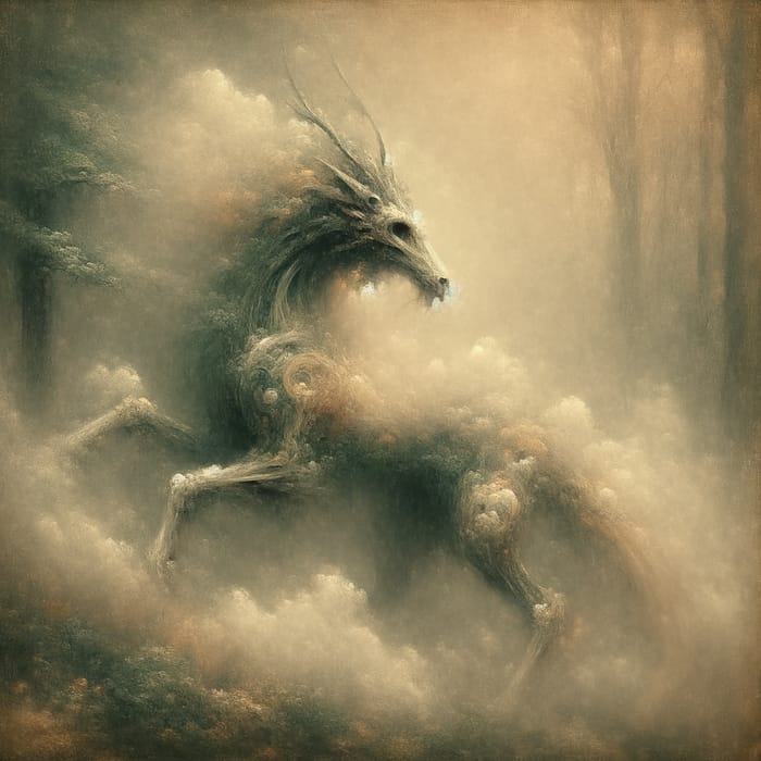 Mystical Creature in Foggy Forest - Impressionist Art