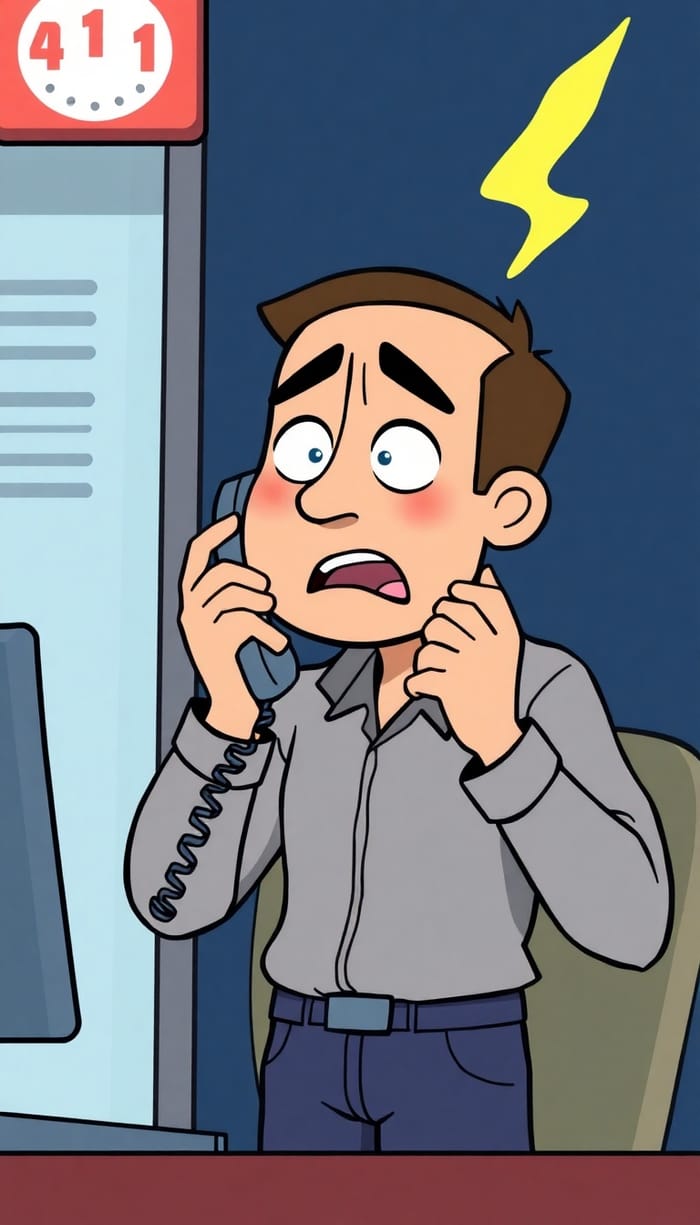 Stressed Person Calling 911 - Cartoon Illustration