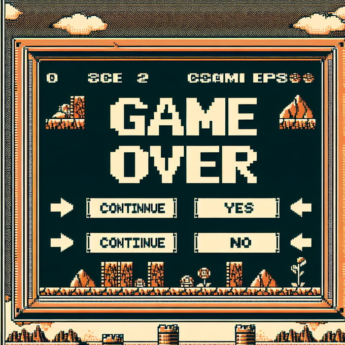 Retro Game Over Screen with Choices: Continue, Yes, No