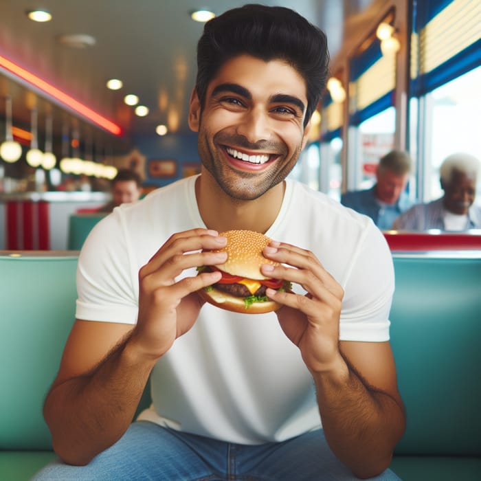 Joyful Man with Hamburger in Retro Diner