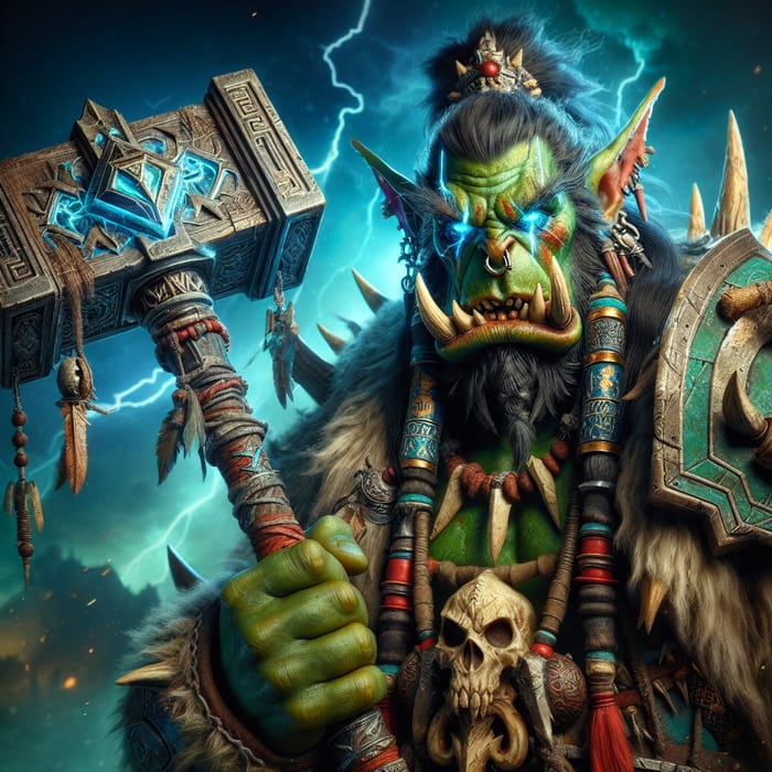 Mystical Orc Shaman wielding Warhammer with Blue Eyes