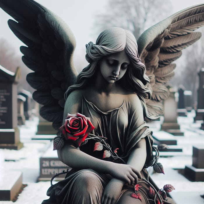 Angel Statue with Dark Graphite Wings in Snowy Cemetery, Red Rose on Grave