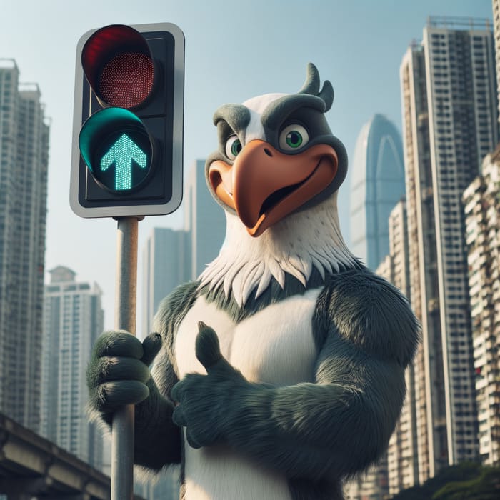 Farfetch'd Bird in Cityscape with Vertical Traffic Signal