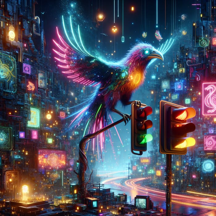 Neon Cyberpunk Bird Creature in Futuristic Cityscape with Vibrant Lights