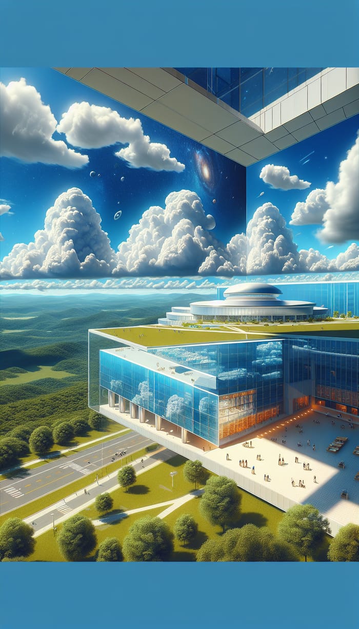 Explorative Blue Sky and Fluffy Clouds above Space Academy