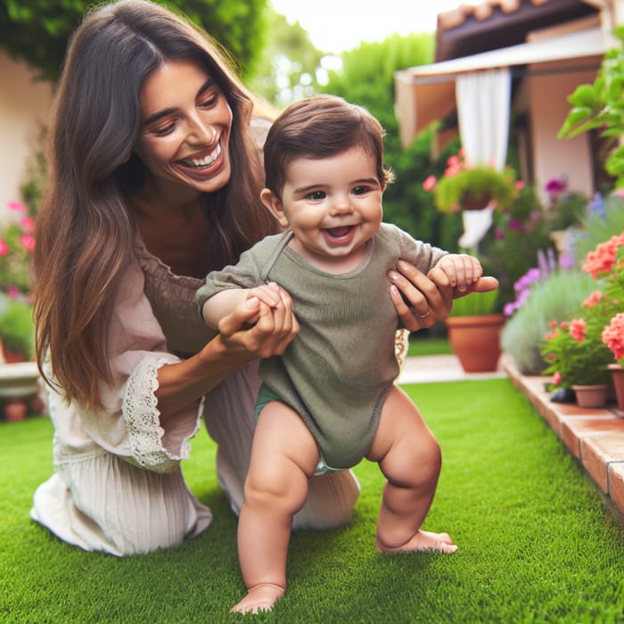 Baby playing with mother in garden