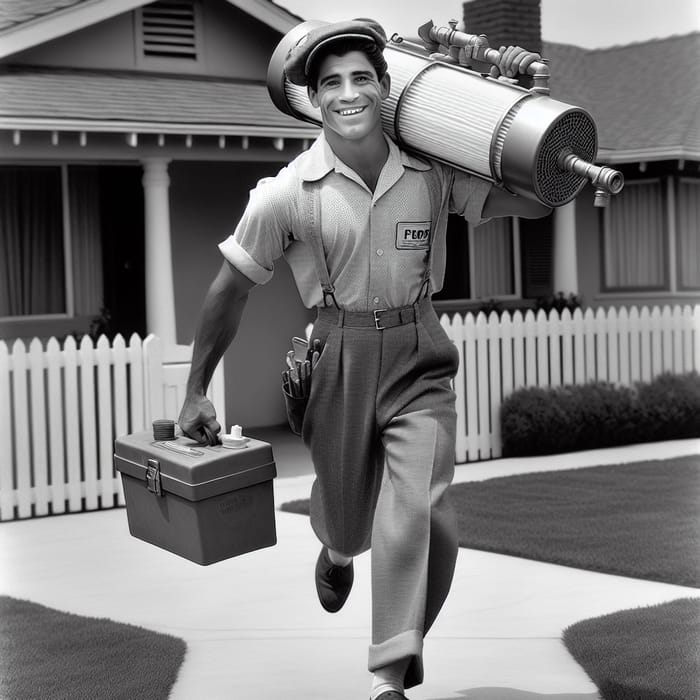 1950s Plumber Hustling with Filtration System | Vintage Plumbing Service