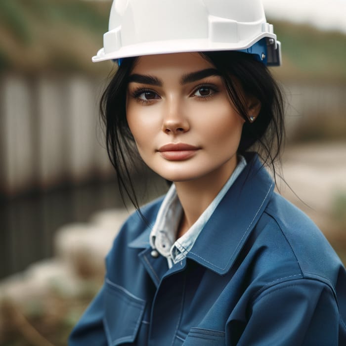 Caucasian Environmental Engineer in Blue Uniform with White Helmet