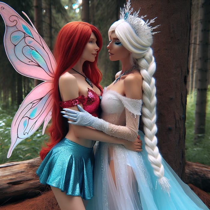 Fantasy Fairies Embrace in Wintry Forest Realism Art