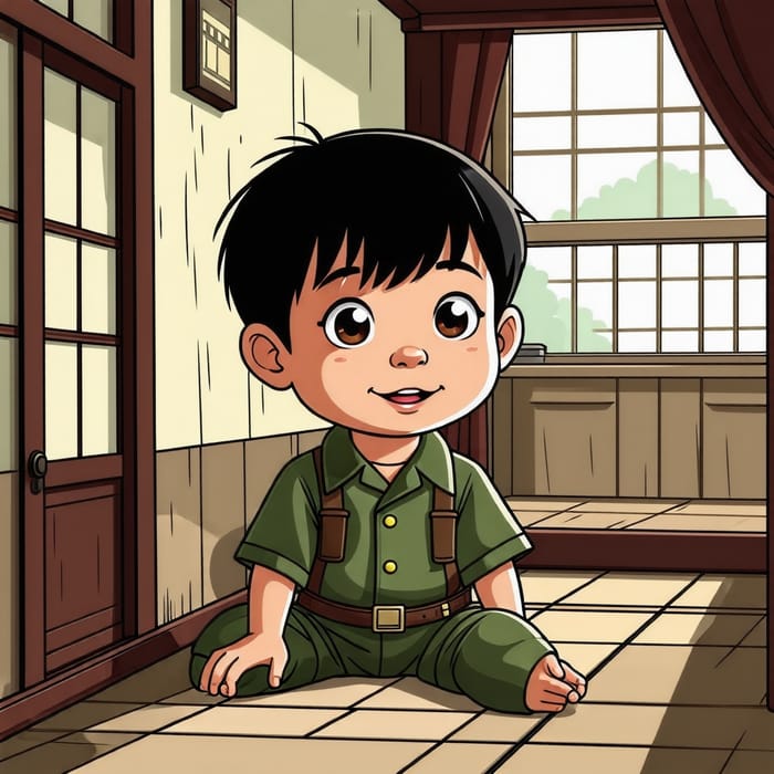 Japanese Kid in World War 2 Cartoon Style