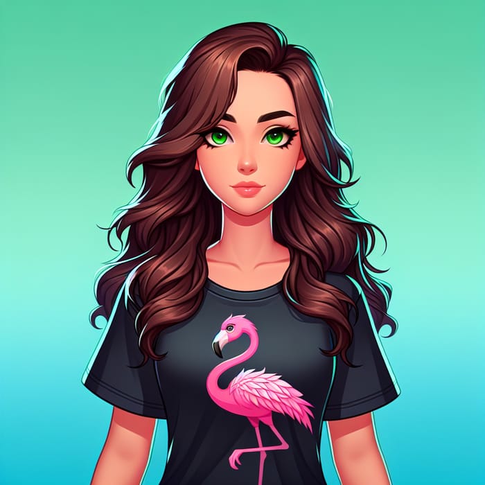 Swarthy Skin Gamer Girl with Brown Hair and Flamingo T-Shirt