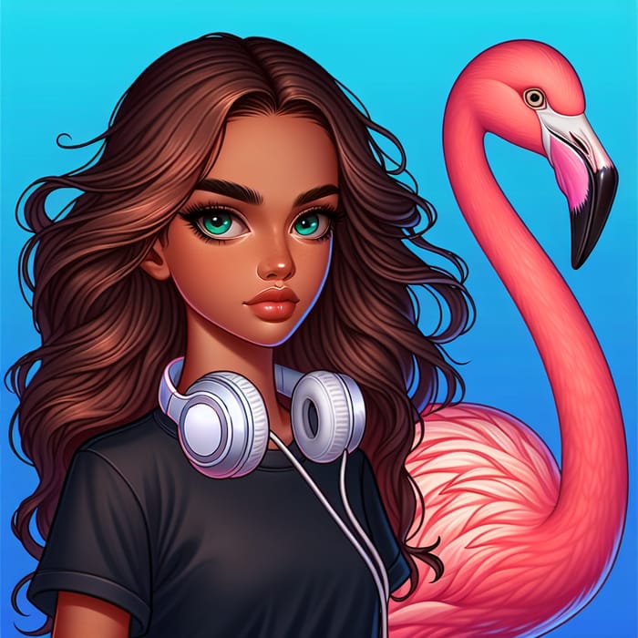 Swarthy Girl with Stunning Eyes Next to Flamingo on Blue Background