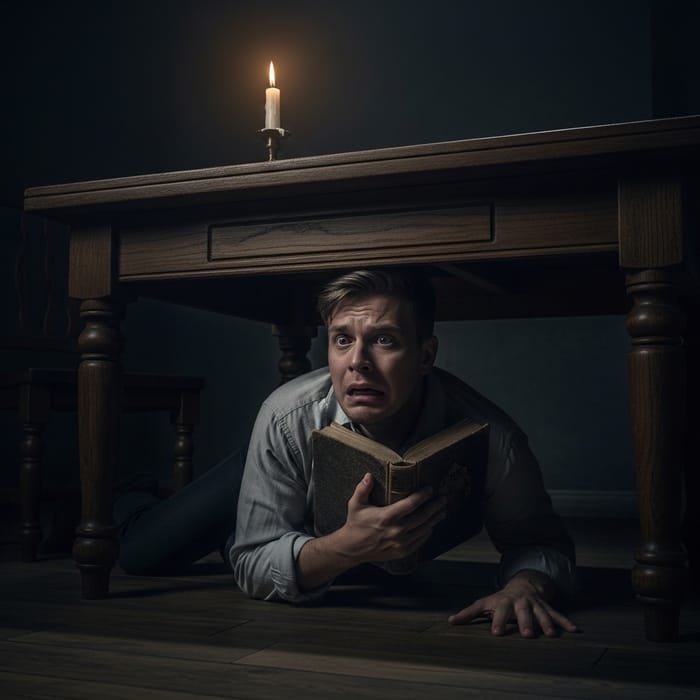 Terrified Man Hiding Under a Table in Dark Room