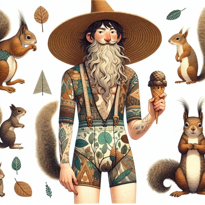 Whimsical Wizard in Swimsuit surrounded by Woodland Creatures