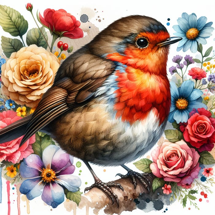 Chubby Robin Perched Amongst Vibrant Watercolor Flowers