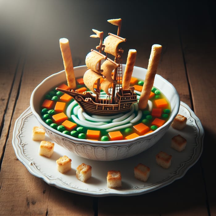 Tiny Ship Sailing in Soup Bowl