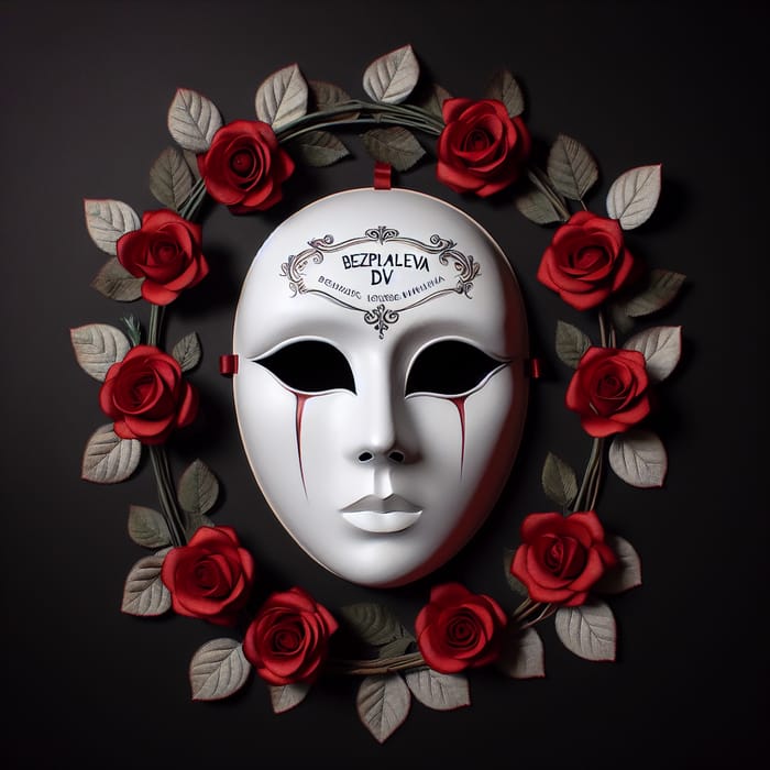 White Mask Surrounded by Red Roses with Inscriptions