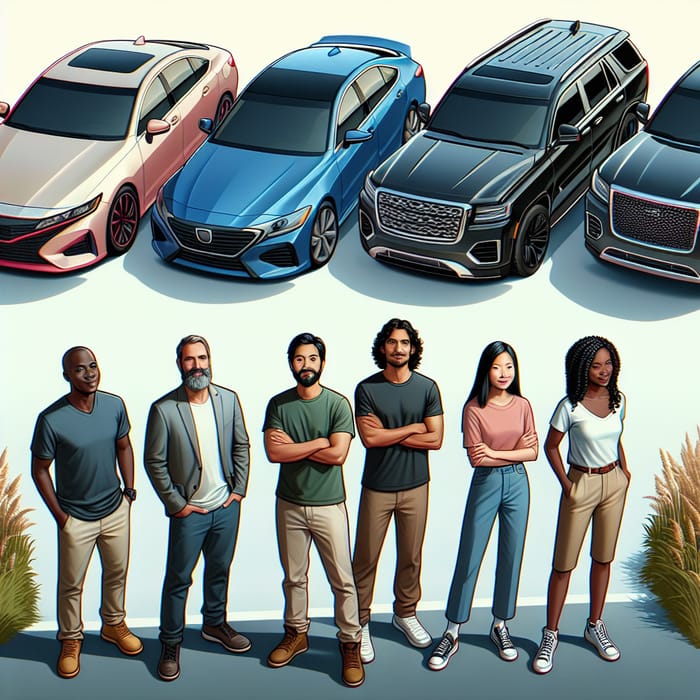 Diverse Group Admiring Cars - Seven Individuals Together