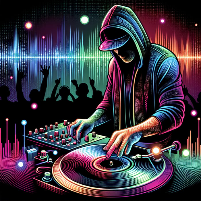 Dynamic DJ under Neon Lights | Pumping Up the Music Crowd