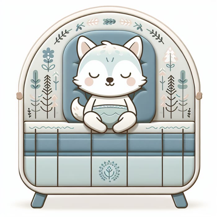 Minimalist Cartoon of Cute Baby Wolf Sleeping in Crib