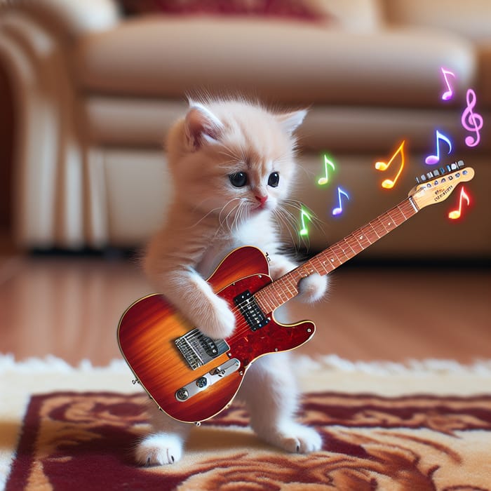 Tiny Cat Playing Electric Guitar in Cozy Living Room