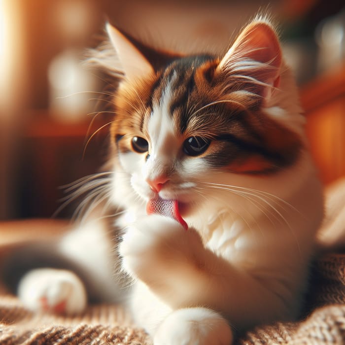 Cute White and Brown Furry Cat Grooming and Licking Paw