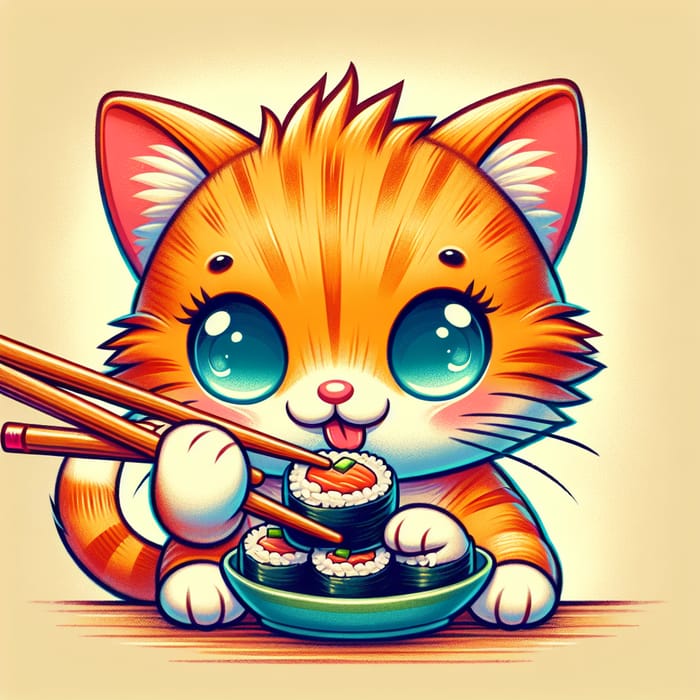 Playful Orange Cat Eating Sushi - Vibrant Children's Book Illustration