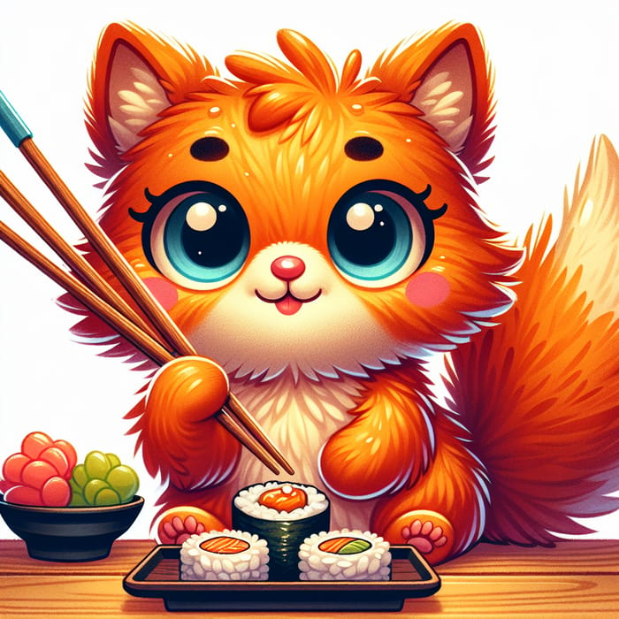 Whimsical Cartoon Cat Enjoying Sushi with Playful Charm