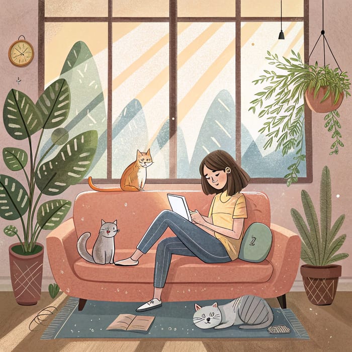 Cartoon Woman Relaxing in Sunlit Living Room Cartoon Woman Relaxing in Sunlit Living Room