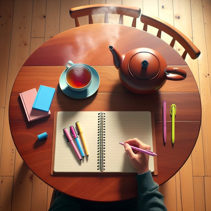 Tranquil Tea Time with Journal on Cherry Wood Table