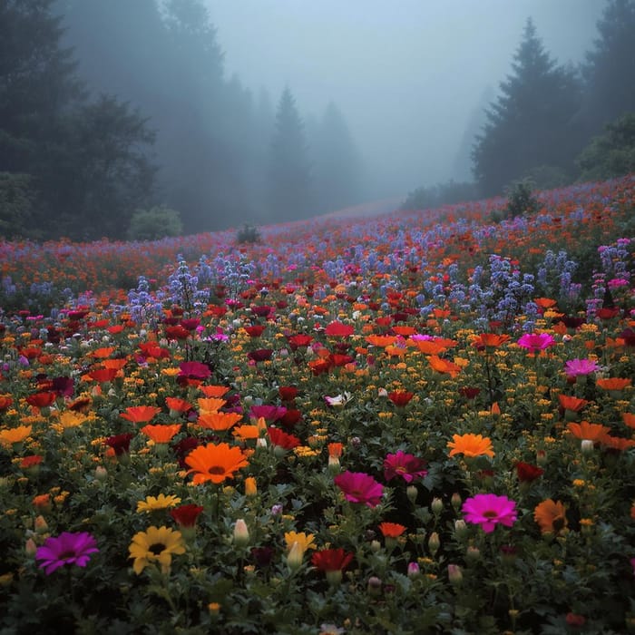 Vibrant Wildflowers in a Misty Morning Landscape