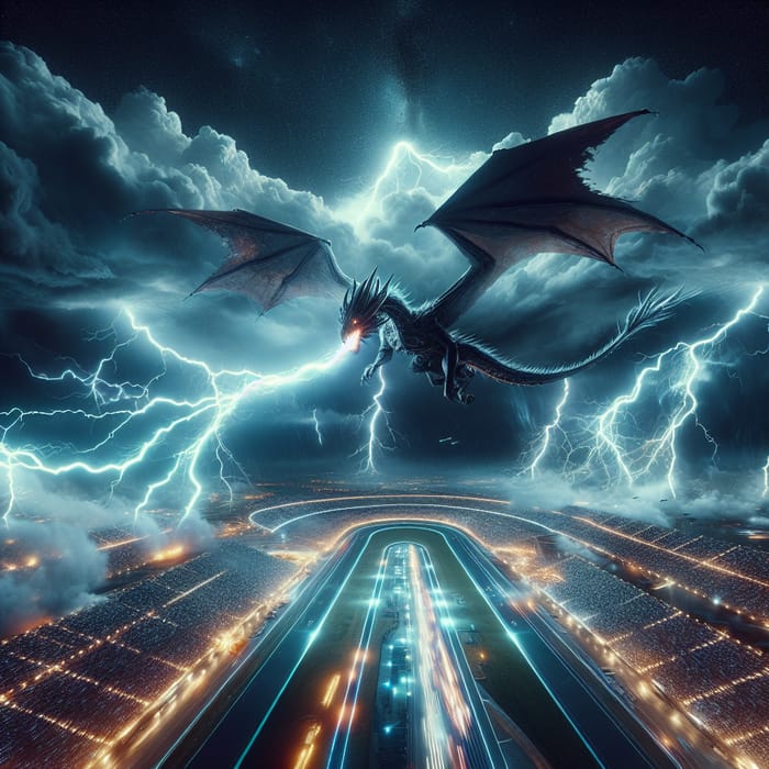 Majestic Dragon Soars Over Racing Track Amid Thunderstorm